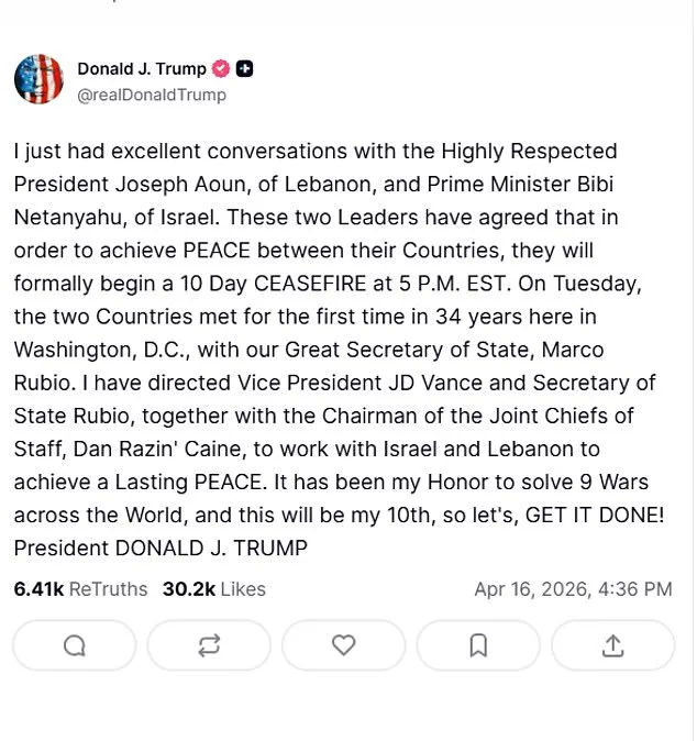 Trump Announces Israel-Lebanon Ceasefire