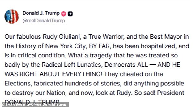 Trump mourns former mayor Rudy Giuliani as he fights critical illness